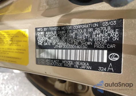 2003 Lexus Es 300 из США, поврежденный, VIN JTHBF30G330140150